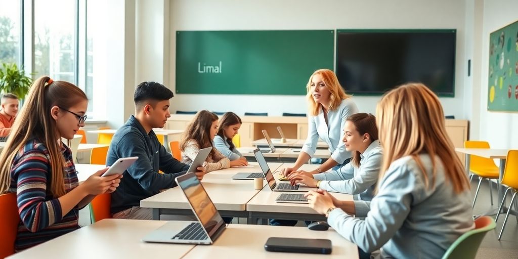 Moderne Klasse mit Schülern an Laptops und Tablets.