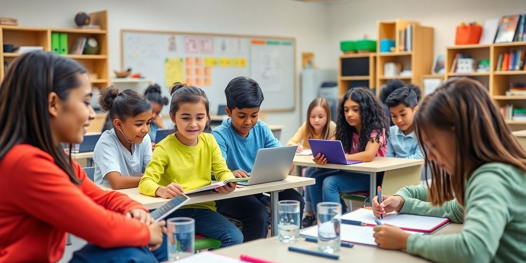 Bunte Schüler im Klassenzimmer mit modernen Lernmaterialien.