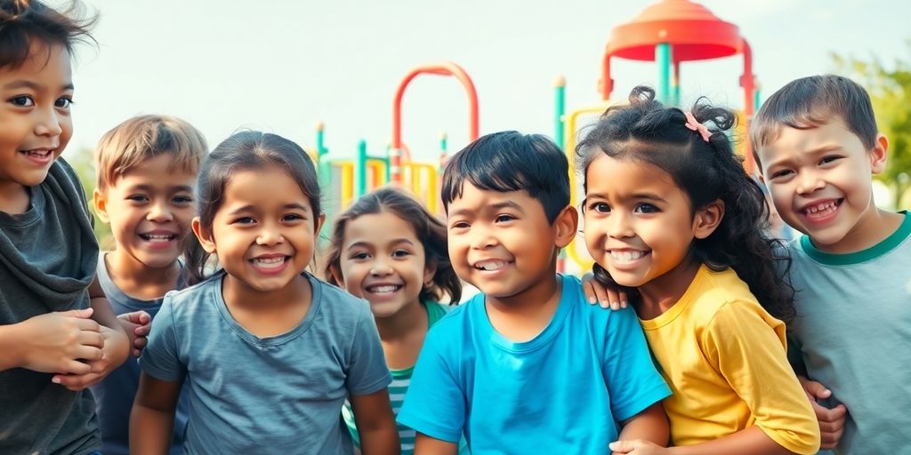 Verschiedene Kinder spielen fröhlich zusammen im Park.