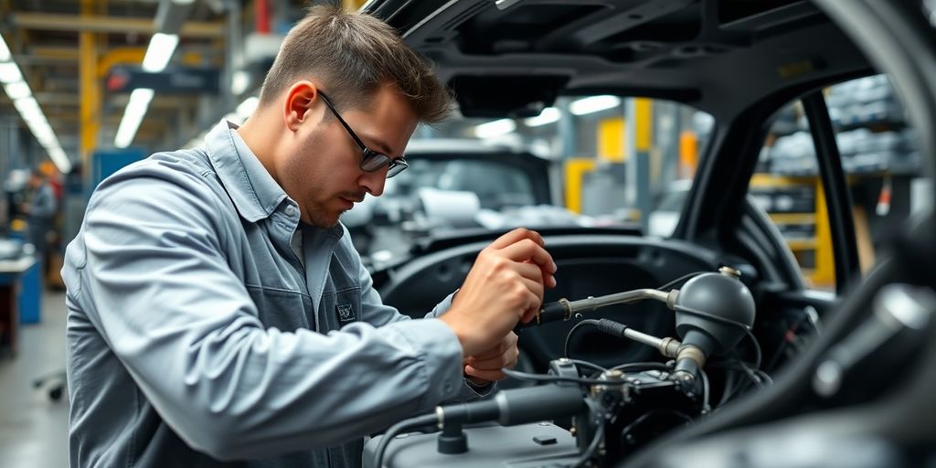 Arbeiter in der Elektroauto-Industrie bei der Montage.