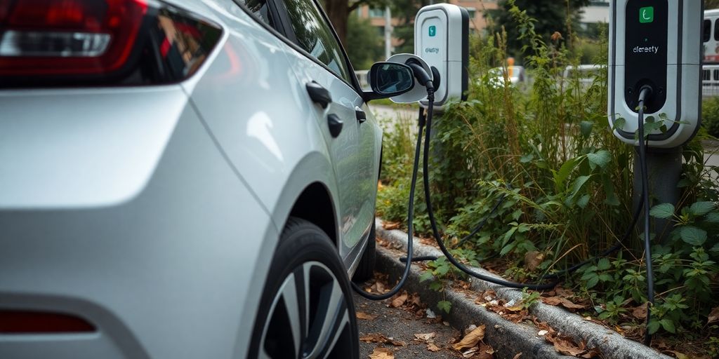 Parkendes Elektroauto neben defekter Ladestation.