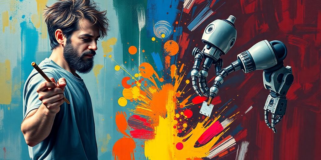 Künstler malt, Roboter schafft Kunst.