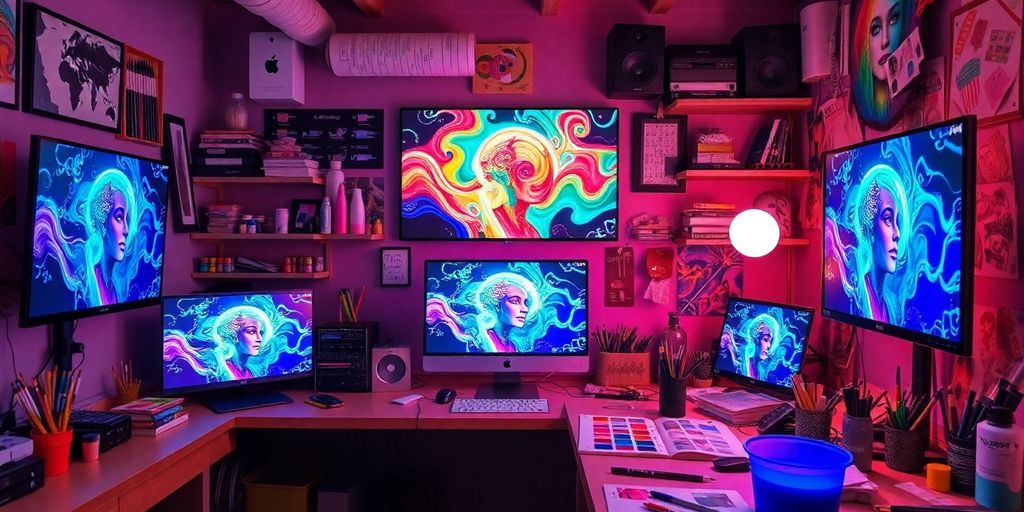 Fotografie eines digitalen Künstlerarbeitsplatzes mit Kunstwerken.