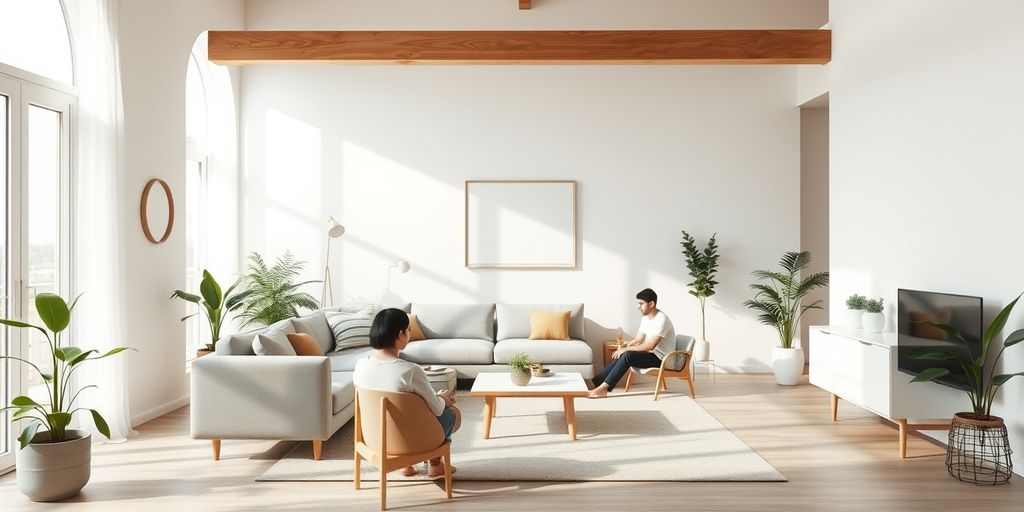Minimalistische Familienwohnung mit natürlichem Licht und Pflanzen.