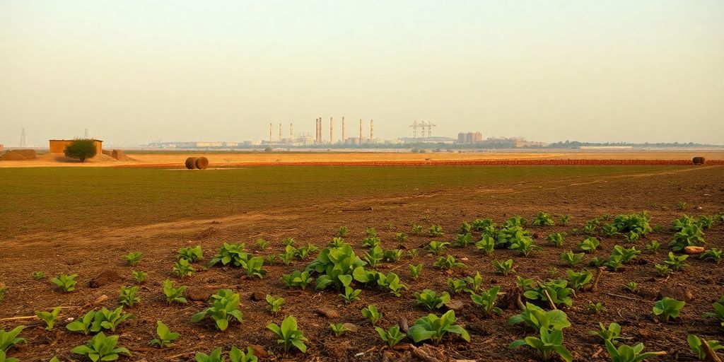 Austrocknende Felder und industrielle Anlagen im Hintergrund.