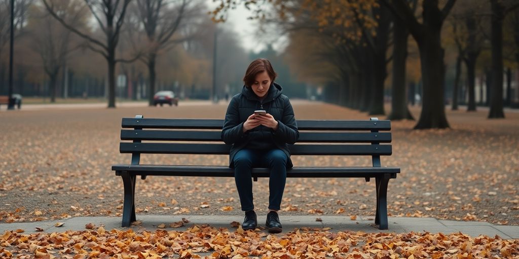 Einsame Person mit Smartphone im leeren Park.