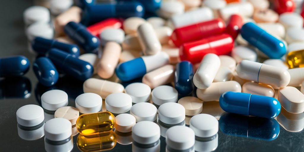 Verschiedene Pharma-Tabletten auf einer reflektierenden Oberfläche.