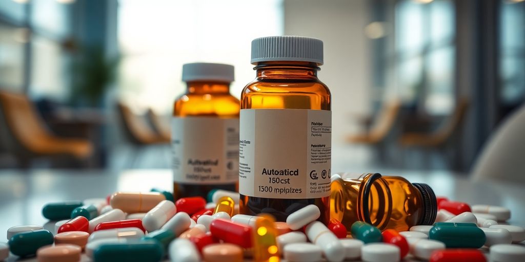Nahaufnahme eines pharmazeutischen Flaschen mit Pillen.