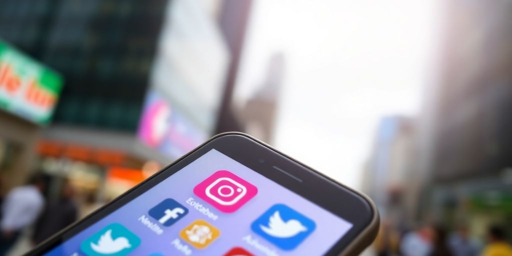 Smartphone Bildschirm mit sozialen Medien Icons.