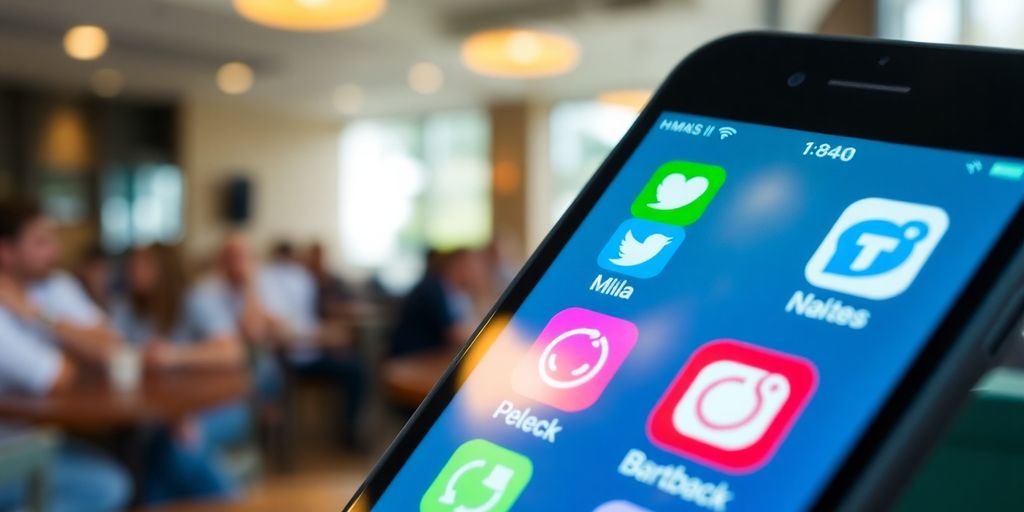 Smartphone mit sozialen Medien in belebtem Café.