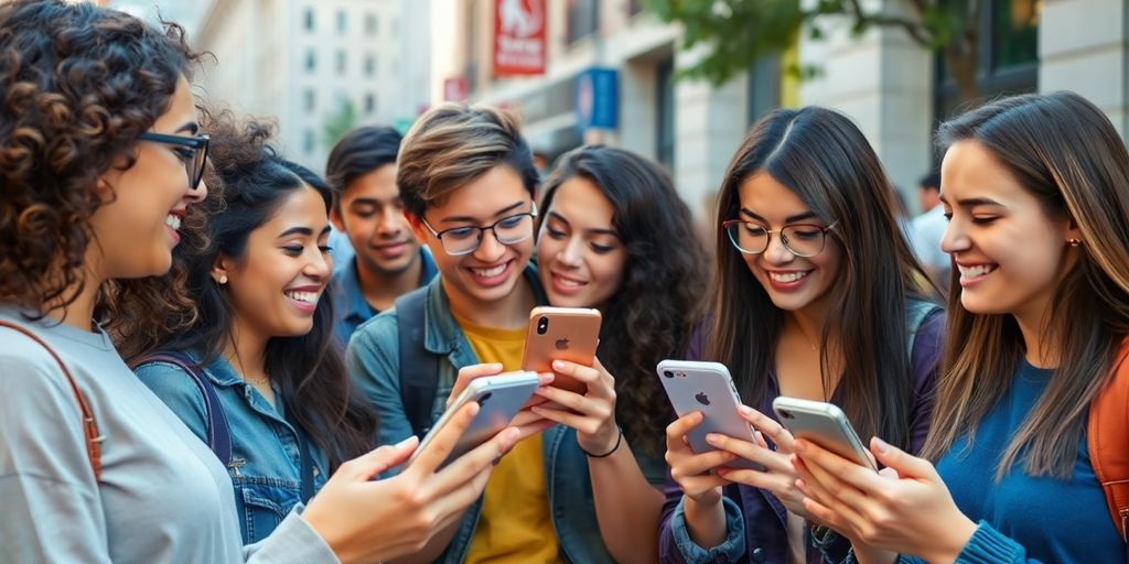 Junge Menschen interagieren mit Smartphones in der Stadt.