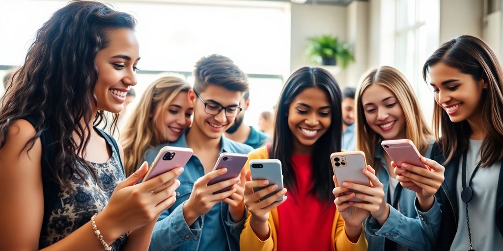 Junge Menschen nutzen Smartphones in einer lebhaften Umgebung.