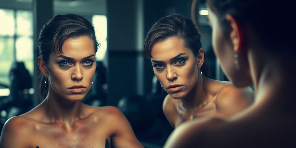 Person im Fitnessstudio mit kritischem Blick in den Spiegel.