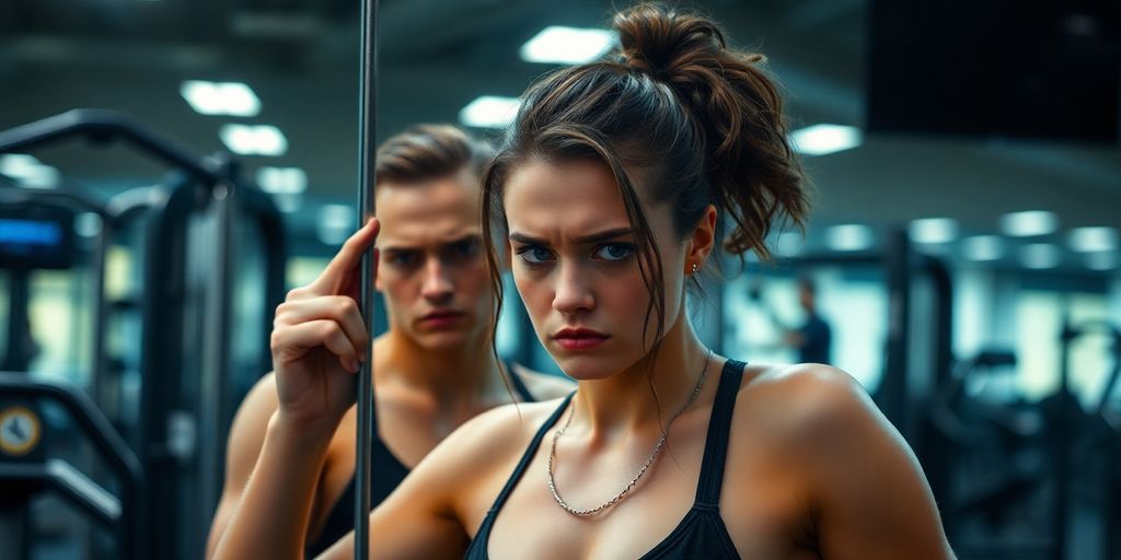 Person schaut unzufrieden in den Spiegel im Fitnessstudio.