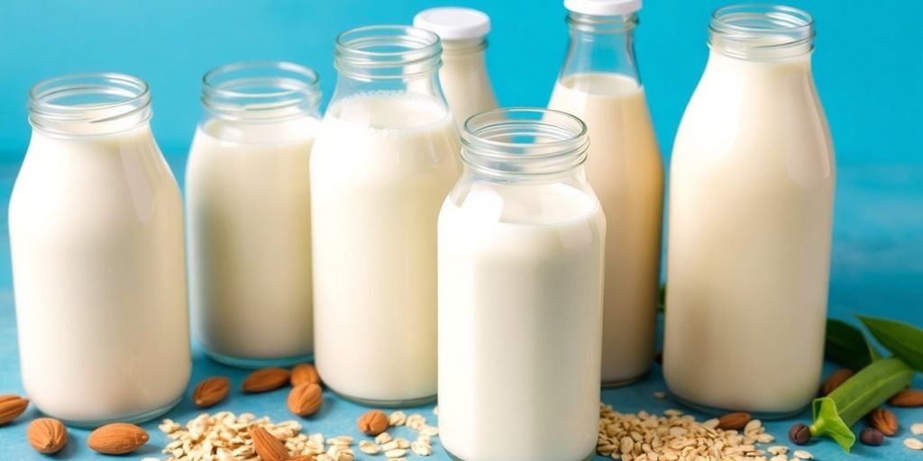 Verschiedene pflanzliche Milchsorten in Gläsern.