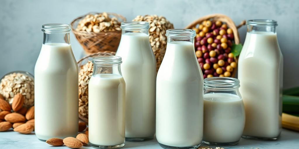 Vielfalt pflanzlicher Milchsorten in Gläsern.
