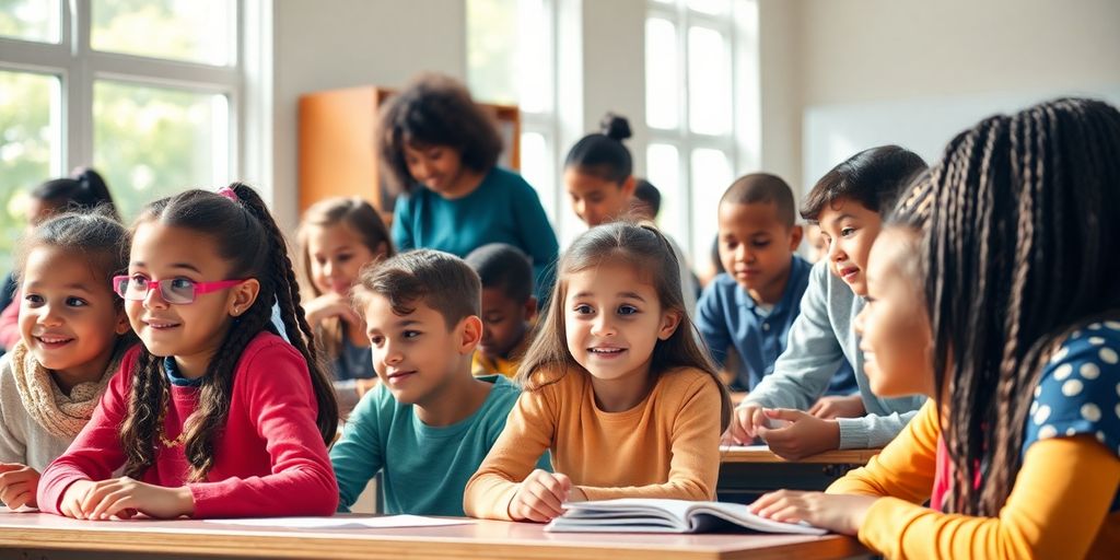 Vielfältige Schüler in einem Klassenzimmer, aktiv am Lernen.