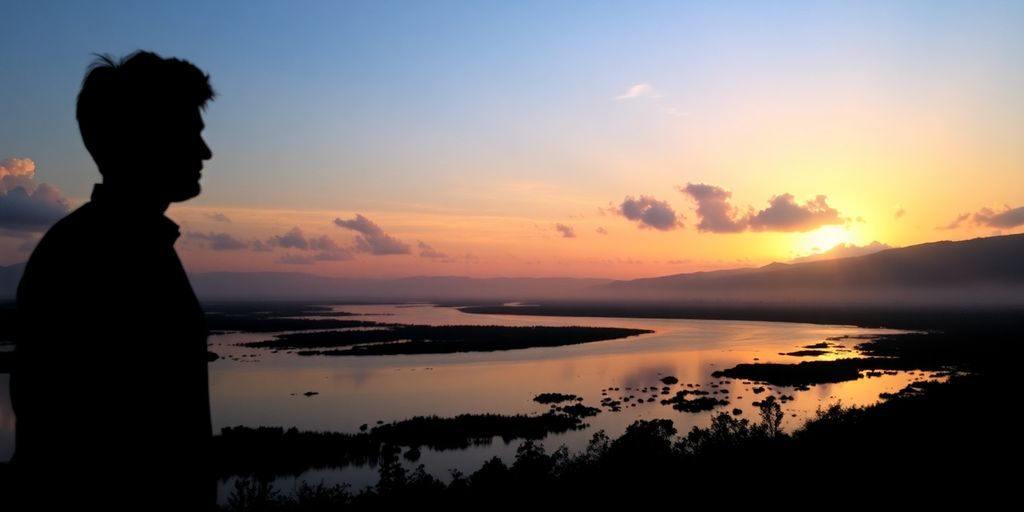 Friedliche Landschaft mit Sonnenaufgang und sanften Wolken.