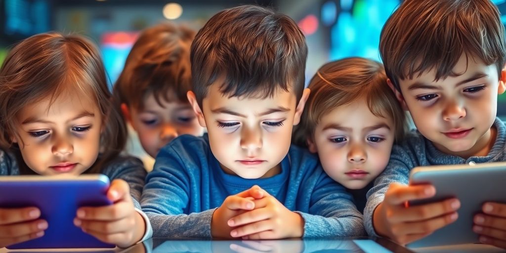 Kinder mit Bildschirmen, fasziniert und abgelenkt.