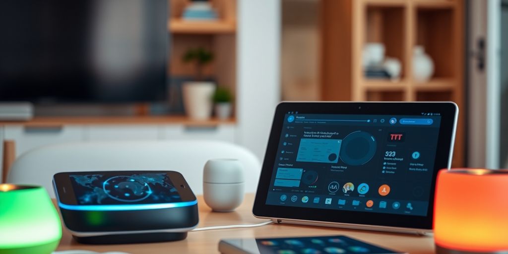 Vernetzte Geräte im modernen Zuhause, die Technologie zeigen.