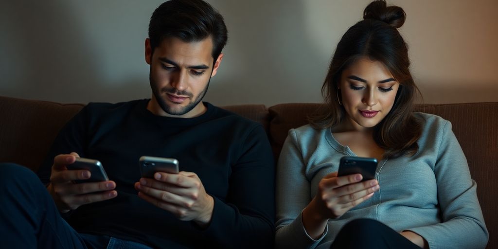 Paar sitzt zusammen, aber schaut auf ihre Smartphones.