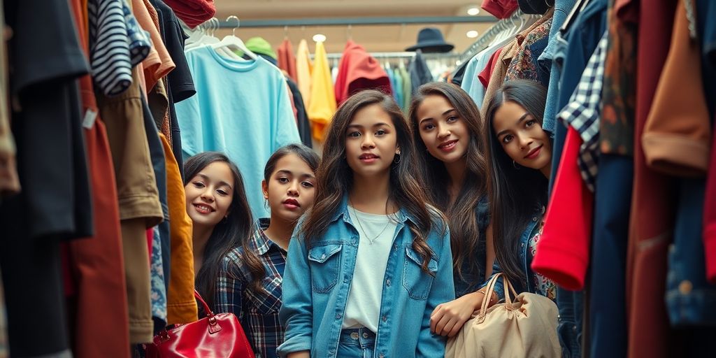 Junge Menschen in modischer Kleidung und Accessoires.