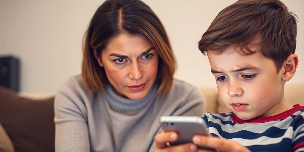 Besorgte Eltern, die auf Kinder mit Smartphone achten.