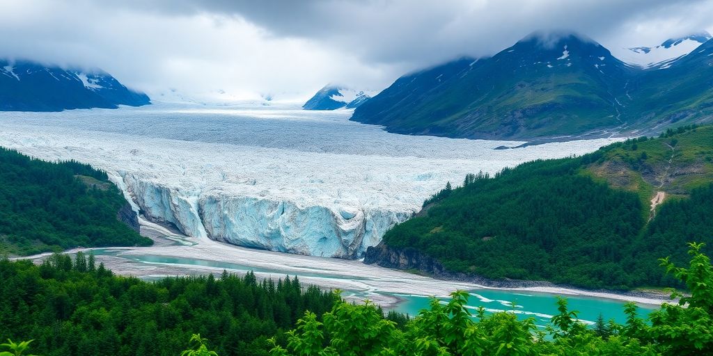 Schmelzender Gletscher zwischen grünem Hintergrund.