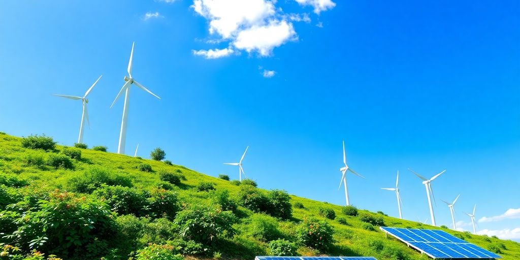 Landschaft mit Windrädern, Solarpanels und grünem Himmel.