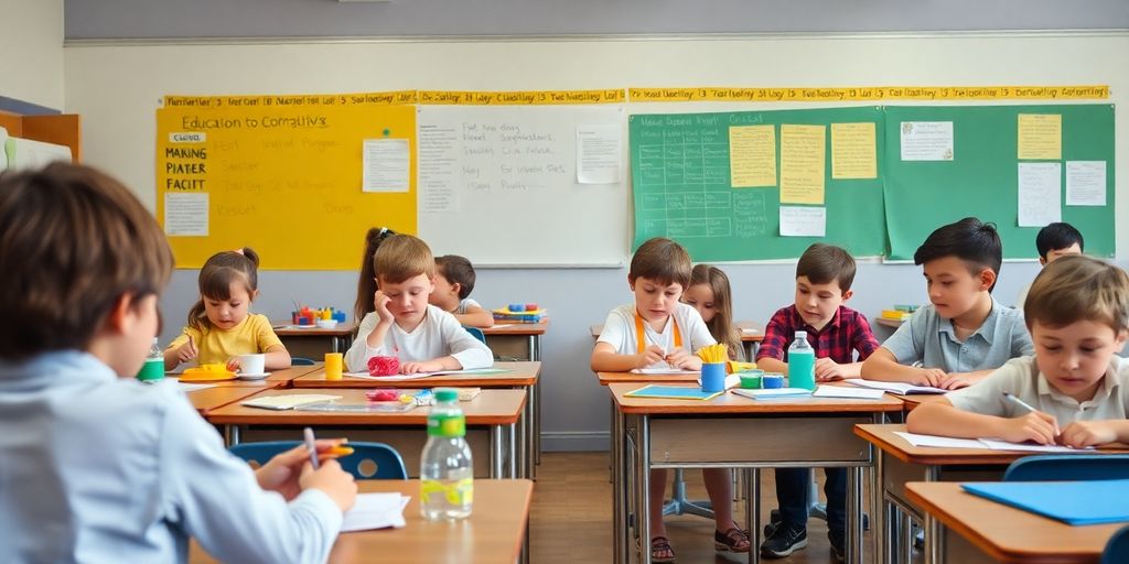 Schüler, die kreativ arbeiten, während andere still sitzen.