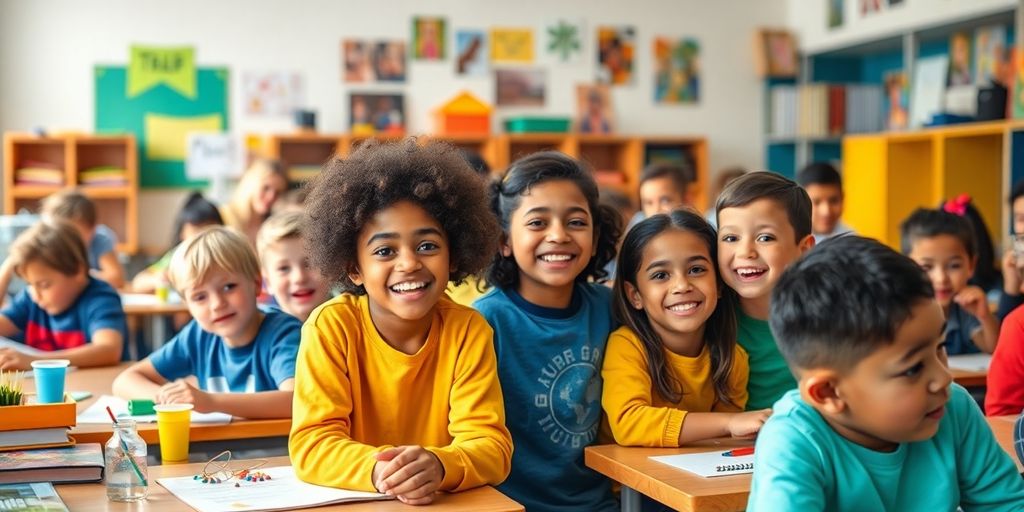 Kreative Schüler in einem lebhaften Klassenzimmer.