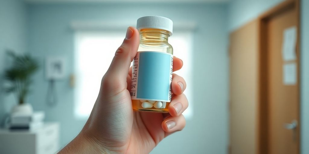 Nahaufnahme einer Hand mit einer Pillenflasche.