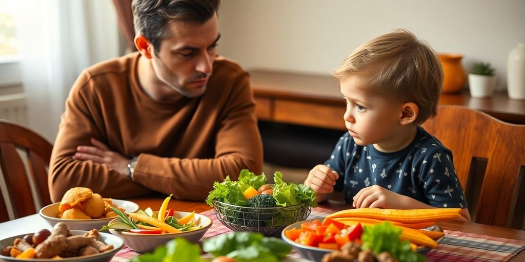Besorgte Eltern mit ihrem vegan ernährten Kind am Tisch.
