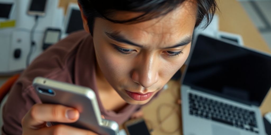 Person am Schreibtisch mit vielen digitalen Geräten abgelenkt.
