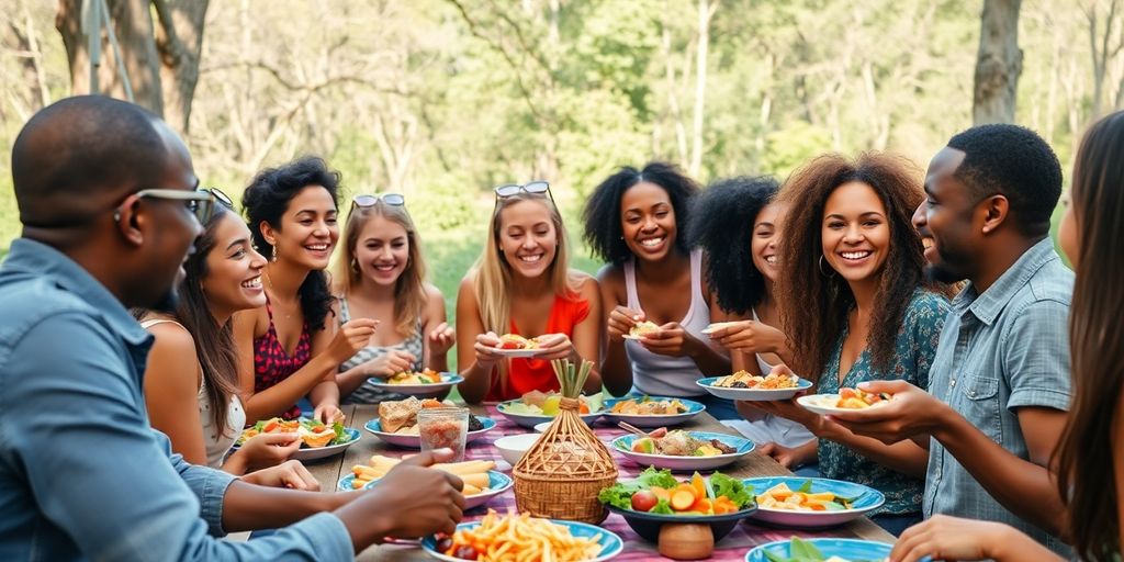 Gruppe von Menschen mit veganem Essen im Freien.