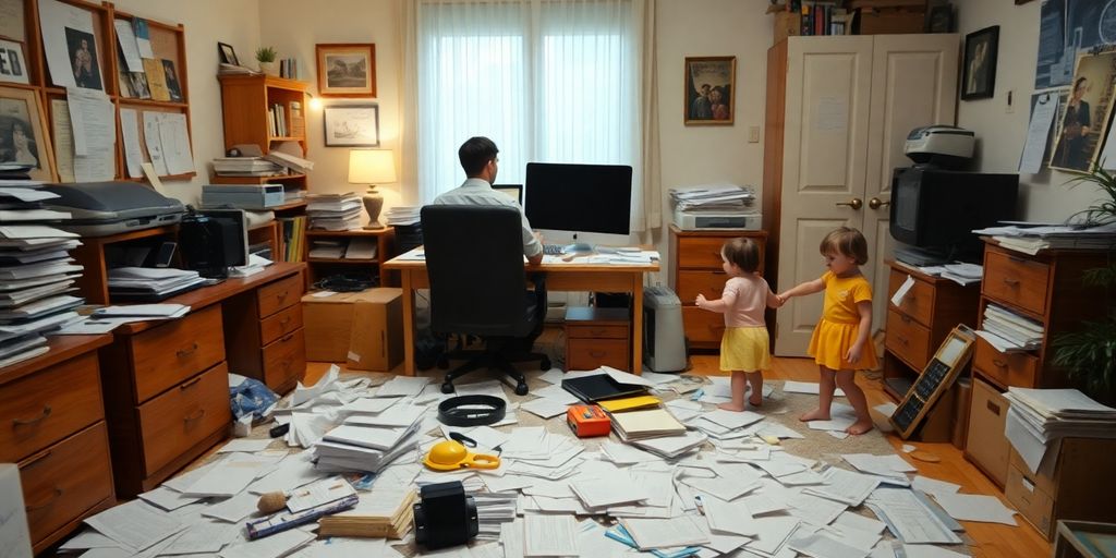 Chaotisches Homeoffice mit abgelenkten Familienmitgliedern.