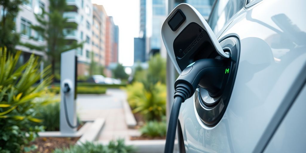 Ein Elektrofahrzeug, das an einer Ladestation aufgeladen wird.