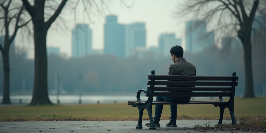 Einsame Person auf einer Parkbank in einer Stadt.