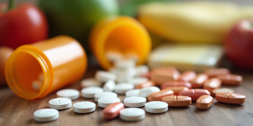 Verschiedene Pillenflaschen und gesunde Lebensmittel im Hintergrund.