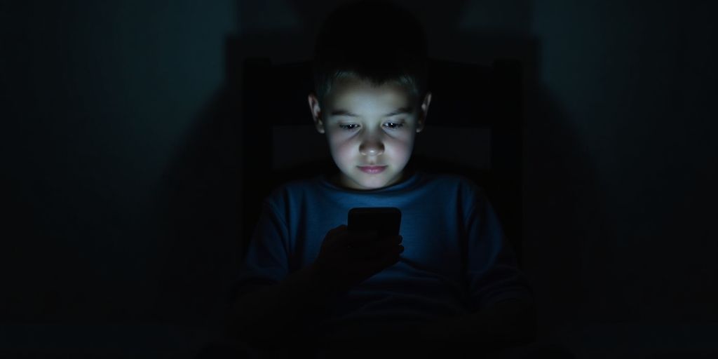 Kind sitzt alleine und schaut auf das Smartphone.