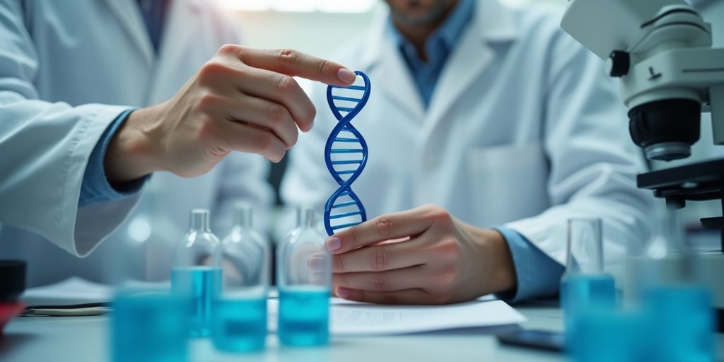 Nahaufnahme von DNA-Modell in wissenschaftlicher Umgebung.