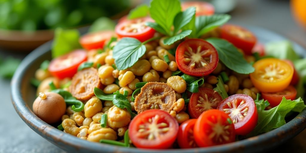Buntes veganes Gericht mit frischem Gemüse und Körnern.