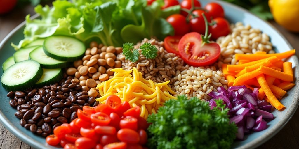 Buntes veganes Gericht mit frischem Gemüse und Hülsenfrüchten.