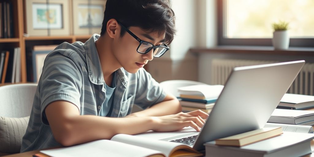 Ein konzentrierter Student am Schreibtisch mit Büchern.