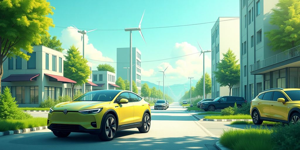 Städtische Szene mit Elektro- und traditionellen Autos.
