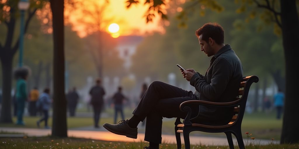 Einsame Person mit Smartphone im Park.
