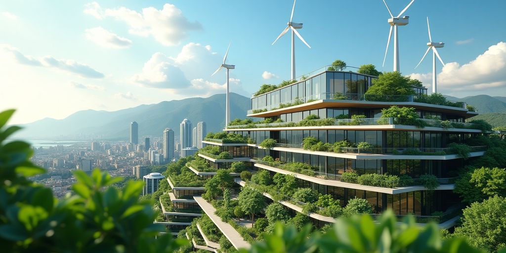Luxuriöse Stadtlandschaft mit umweltfreundlichen Gebäuden und Grün.