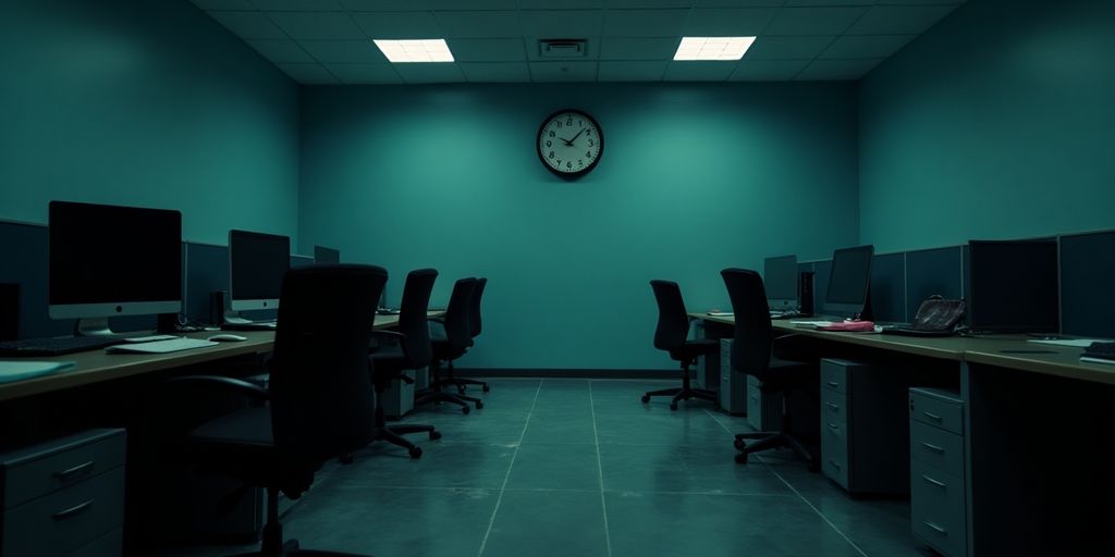 Leeres Büro mit dunkler Atmosphäre und leeren Schreibtischen.