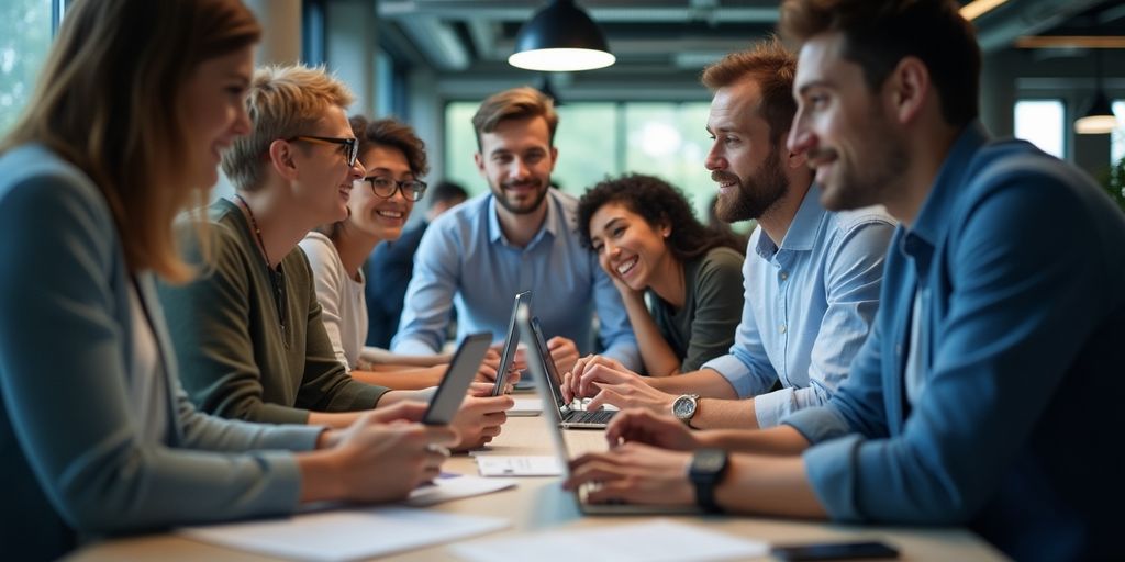 Vielfältige Menschen arbeiten zusammen in einem modernen Büro.