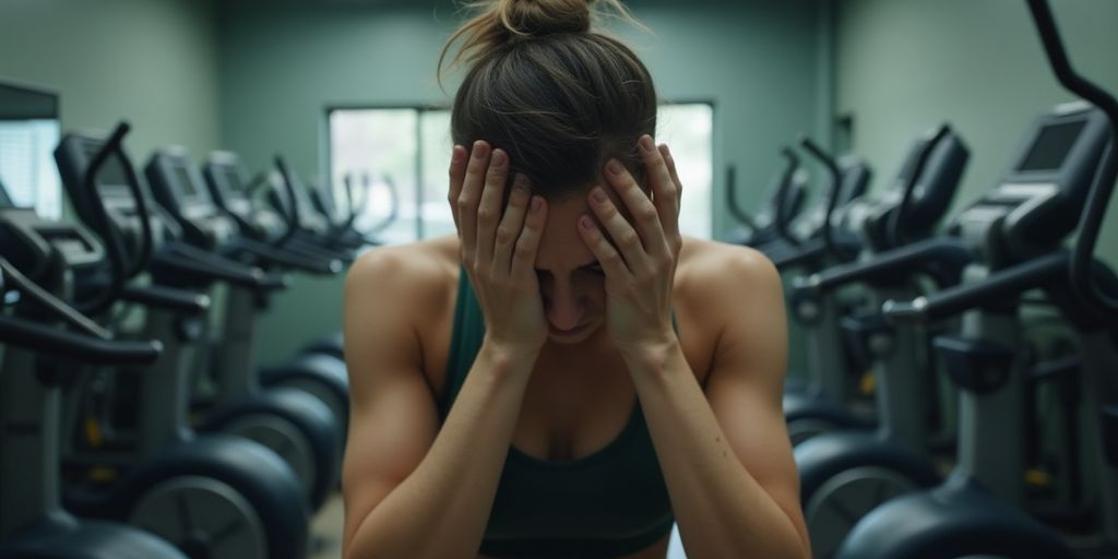 Gestresste Person zwischen Fitnessgeräten, überwältigt von Druck.